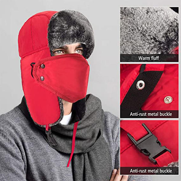 Varm Trapper-hatt för män Vinter Ryska hattar Jaktmössa med mask Svart