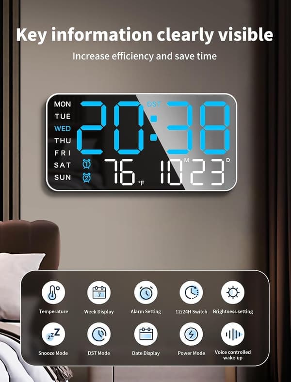 8.4-inch Large Digital Wall Clock LED Alarm Clock Large Digits Date Temperature Daylight Saving Time Modern Desk Decoration.