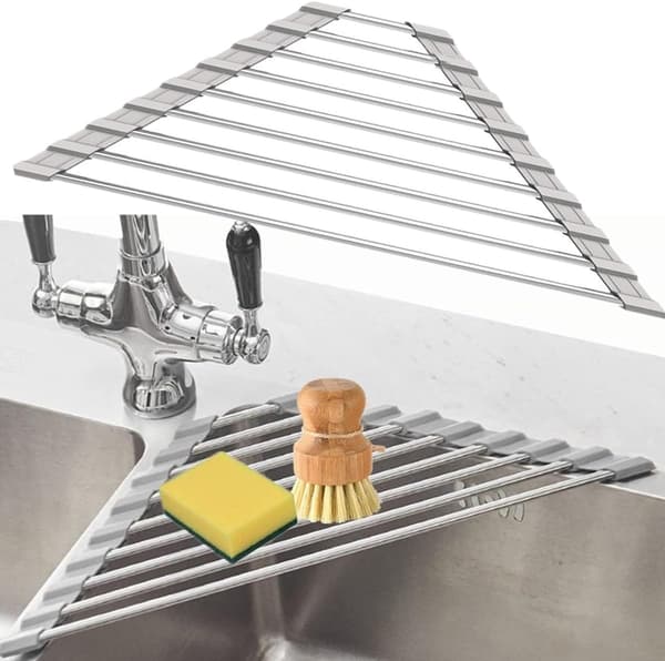 Triangular Roll-Up Dish Drying Rack - Stainless Steel Over Sink Dish Rack - Space Saving Kitchen Organizer for Dishes and Utensils - Grey