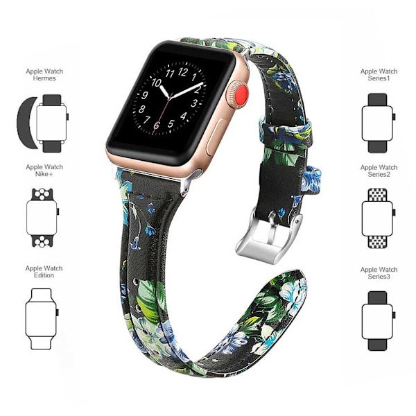 Läderband kompatibelt med Apple Watch, läderklocka tunt armband för iWatch Series 5/4/3/2/1 38-40mm svart