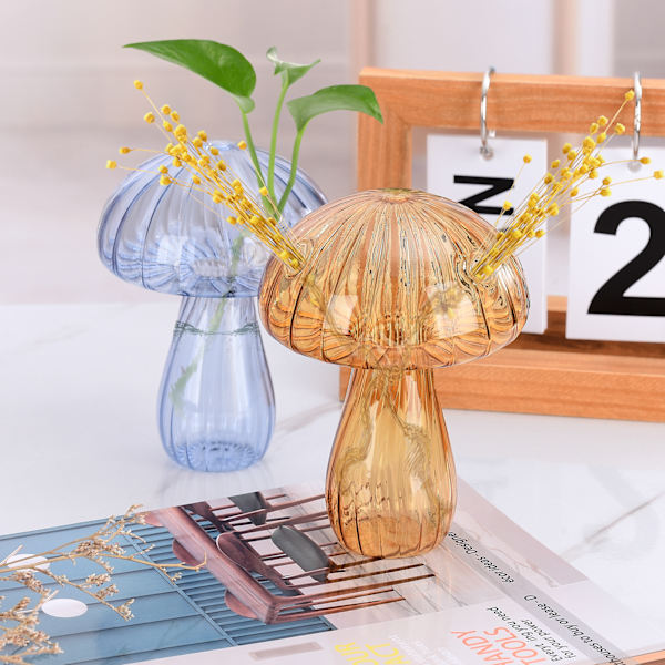 Gul genomskinlig svampformad blomvas, glasvas för blommor transparenta växtbehållare blomsterarrangemang