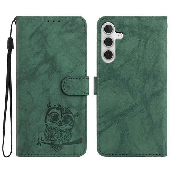 Fodral för Samsung Galaxy A56 5G, Uggla Präglat PU-läder Plånboksfodral med Handledsrem - Grön Green