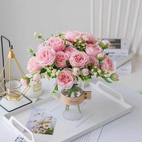 Konstgjorda blommor i vas, sidenrosblomsterarrangemang, falska