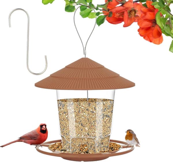 Outdoor Bird Feeder, Heavy Duty Plastic Bird Feeder with Hanging Hook, Squirrel Proof, Durable Brown Bird Feeder.
