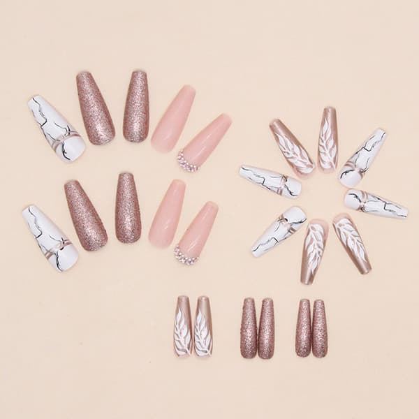 Rose Gold Glitter Press-on Nails Square Extra Long Ballerina False Nails White Leaf Marble Pattern Fake Nails with Rhinestone Design Reusable
