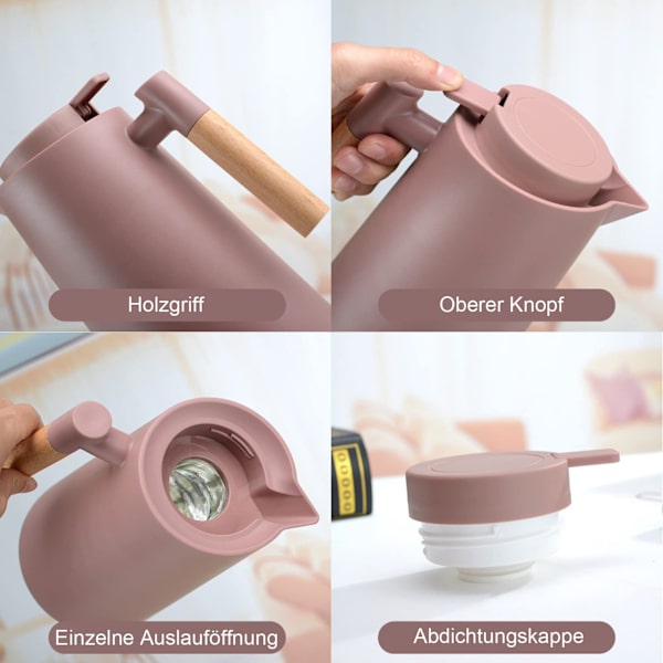 1L vakuumkolv, glas termoskolv, dubbelväggig vakuumkaffekanna tekanna, termoskolv för kaffe, te, vatten, dryck