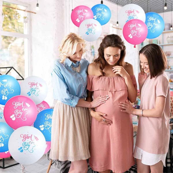 Pojke eller flicka banderoll, pojke eller flicka kön avslöja ballonger, blå och rosa bunting banderoll dekorationer för baby shower Gender avslöja fest Graviditet