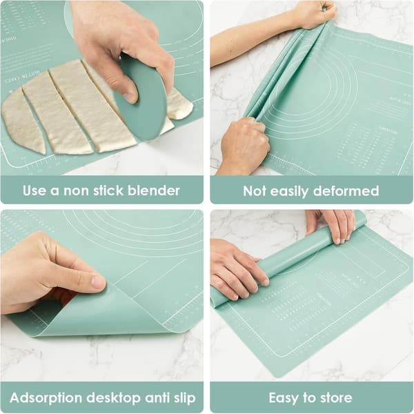 Silikon Bakematte Sett med Kjevle og Deigskrape Varmebestandig Silikon Bakeplate Nonstick Rektangulær Kakematte for Pizzadeig (grønn)