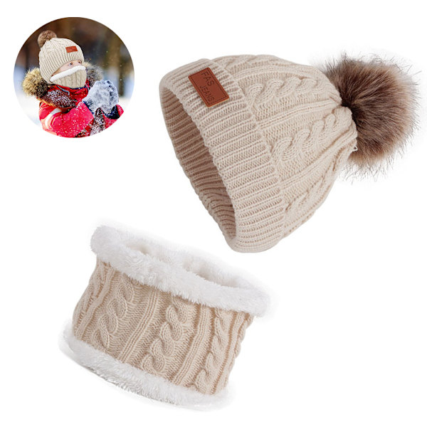 Barn Vinter Pom Beanie Mössa Halsduk Set för Små Flickor Varmt Stickat Fleece Foder Slouchy Skull Cap beige