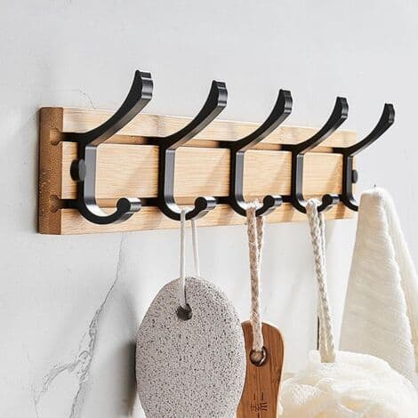 Wall Mounted Bamboo Coat Rack, 5 Hooks for Hanging Clothes, Bathrobes, Towels, Coats - Wall Hook for Hallway, Bedroom, Bathroom (Black - 5 Hooks)