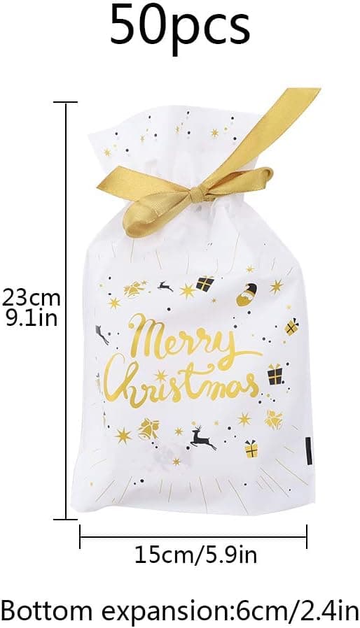 Gyllene God Jul 50 st julväskor med dragsko Julklappspåsar Julklappspåsar Presentförpackning Plastpåse för godis