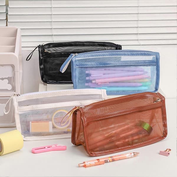 Pencil Case Transparent Large Capacity Mesh Double Layer Pen Pouch School Supplies White