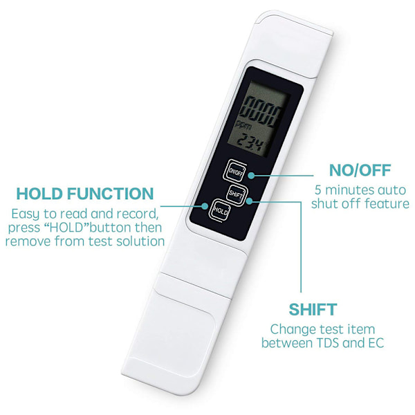 Vattenkvalitetstest, exakt och tillförlitlig, TDS-mätare, EC-mätare och temperaturmätare 3 i 1, 0-9990 ppm, idealisk vattenmätare för hydroponik, Ro