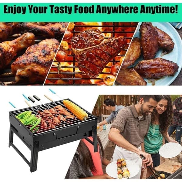 Bærbar sammenklappelig kulgrill med 2 klemmer i rustfrit stål til udendørs campingpicnic