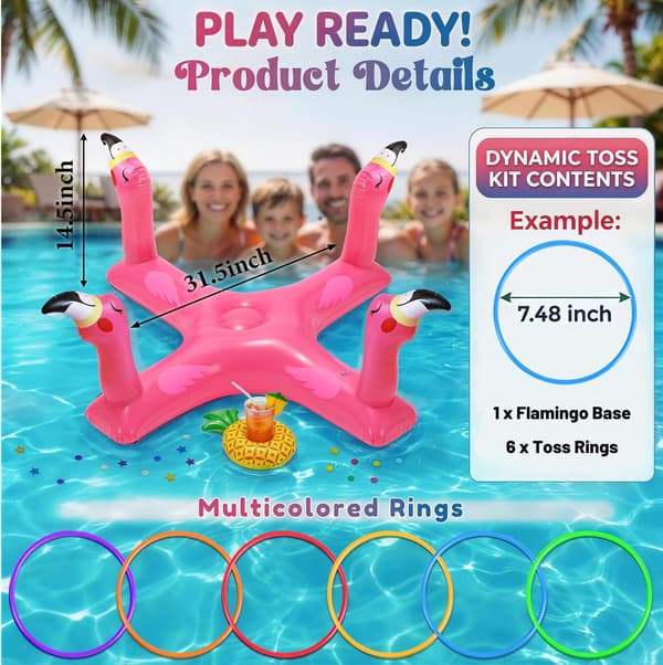 Oppustelige poolringkastespil, haj- og flamingoformede flydende poolringe, inkluderer 6 ringe, perfekt til sommerpoolfester.