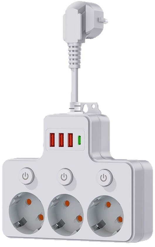 7-in-1 Multifunctional Power Strip with Individually Switchable Sockets, USB-C Smart Charging Support, and Wall Mounting