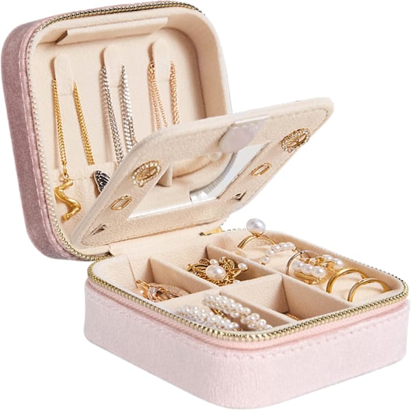mu Mini Smyckeskrin Organiser, Bärbar Resesmyckeskrin, Sammets Dubbelskikts Smyckespåse med Spegel, Ringar Örhängen Halsband Armband Jewelr Pink Rectanglegreen