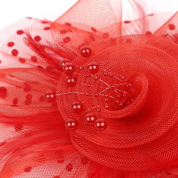 Fascinatorhat til kvinder, damer, bryllup, teselskab, flapper, pillboxhat, Ascot-løbshat, fjerblomst (rød)
