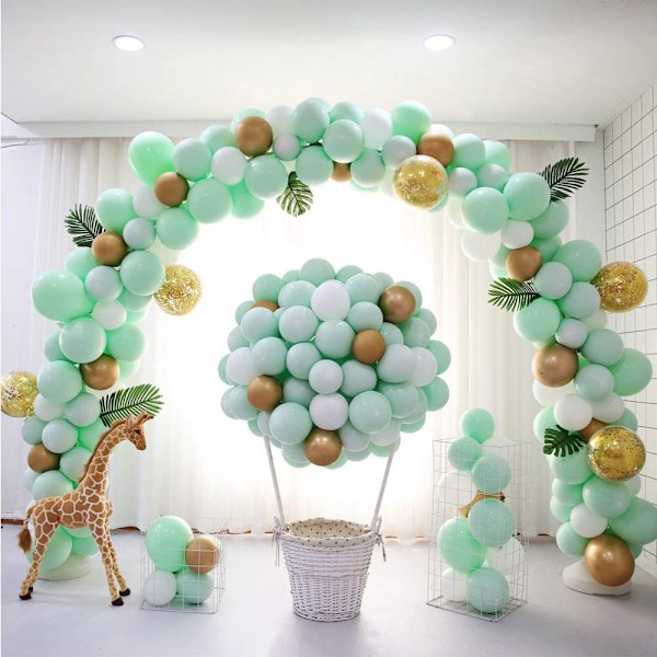 60 st gröna vita guld ballonger, metalliska gröna ballonger för dop barn dagis födelsedag dekoration