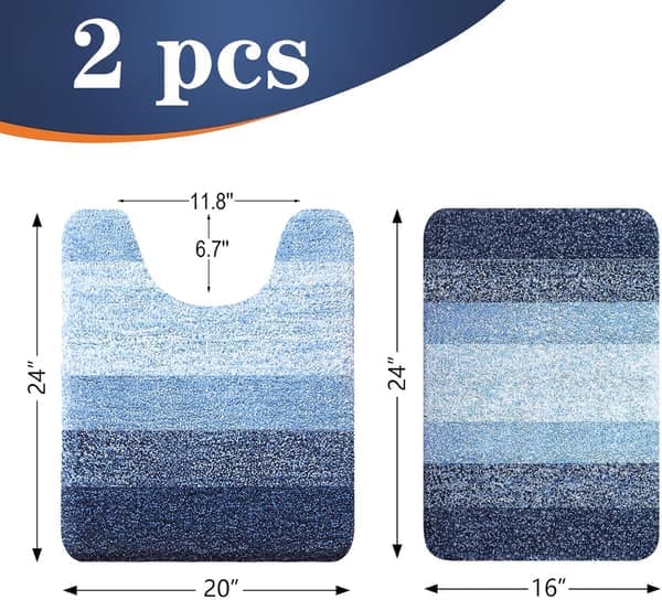 Microfiber Bathroom Mat Set 2 Pieces Soft Absorbent Bath Mats with U-shaped Toilet Mat Non-slip Plush Shag Rug Set (Navy Blue)