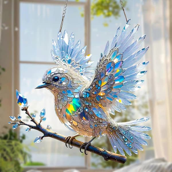 Krystallblåmeis glassmaleri-kunstornament (20 cm)
