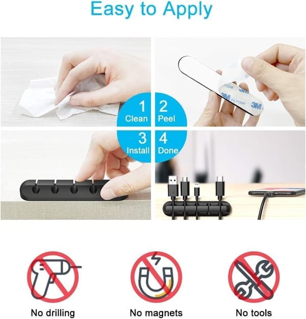 3-pack Universal Cable Clip Organizer - Self-Adhesive Silicone Cord Holder for Desk, Car & Home Office, USB & Charging Cables (Black)