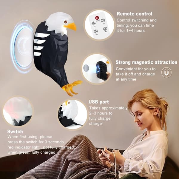 Bald Eagle Wall Lamp American Eagle Night Light Magnetic Wall Mounted Eagle Lamp for Bedroom Living Room Hallway Detachable Rechargeable Eagle Lamp