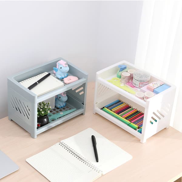 Double-layer Stationery Storage Rack Hollow Holder Organizer for Bathroom Office White White Small