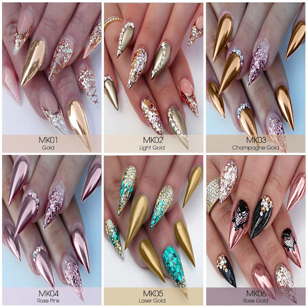Krom nagelpulver - Holografiskt guld nagelpulver 6 färger spegel och bubbeleffekt nagelkonst dekoration manikyr pigment set
