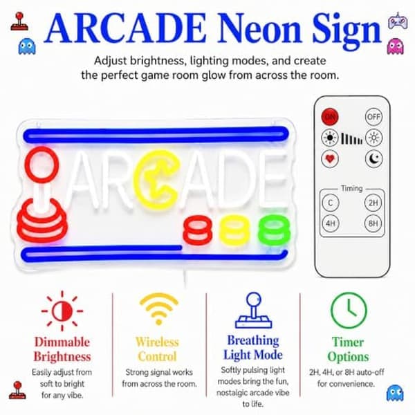 ARCADE Neonskilt med fjernkontroll: Spillveggdekor for gutterom