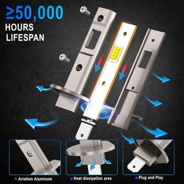 2pcs H1 LED Bulbs - 100W 22000LM 6000K Cool White - Powerful Car Lighting