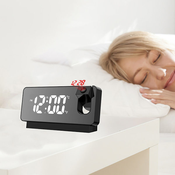 Projektionsväckarklocka för sovrum, digital väckarklocka, radiodimmer och USB-laddningsport, 180° roterande projektor, dubbel väckarklocka, snooze