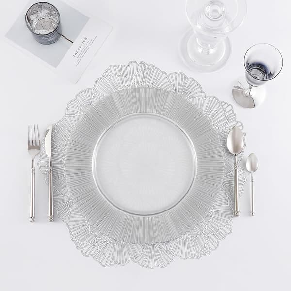 Round Silver Placemats, Set of 4, Floral Vinyl, Table Mats, Table Setting, Kitchen Placemats for Dining Table, Holiday, Wedding, Decorative