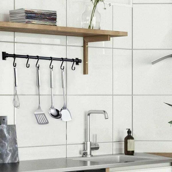 Utensil Holder, 40CM Kitchen Shelf with 6 Removable Hooks (Black)