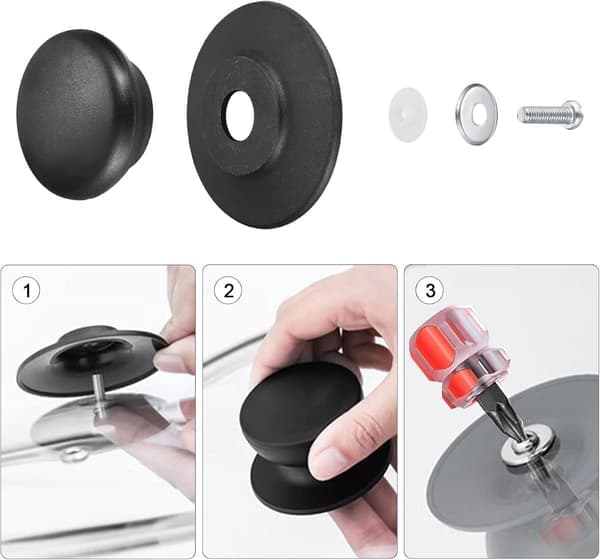 Lid Knobs for Pots - 4-Pack - Pot Lid Handles - Replacement Knobs - Cookware Handles - 6-10mm Universal - Black