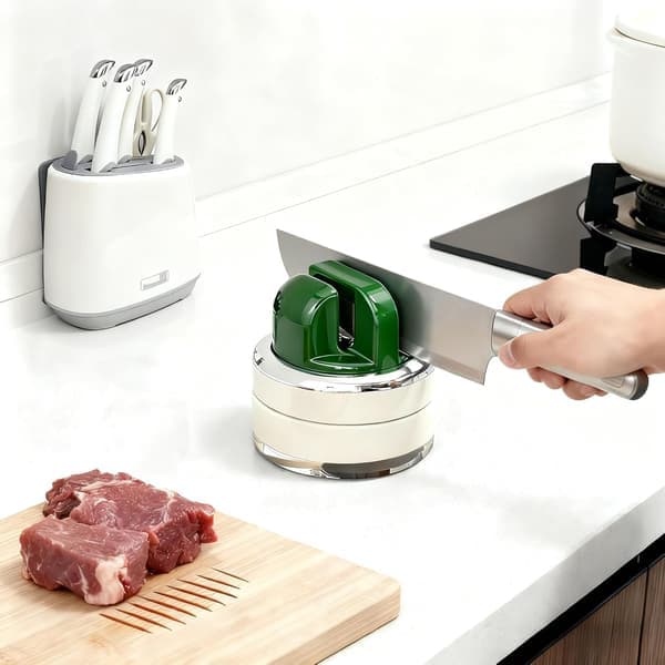 Kitchen Knife Sharpener with Suction Cup Base - Hands-Free Foldable Multi-Sharpener for Chef Knives, Meat Cleavers, Fruit Knives, and Scissors (Green)