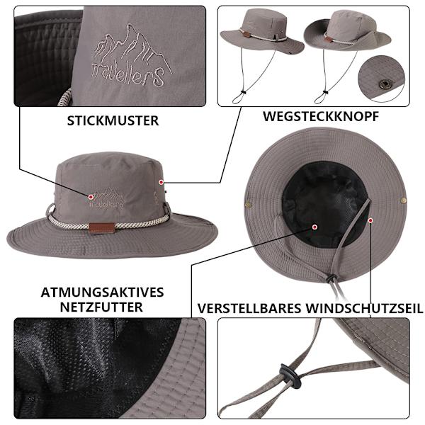 Fiskehatt för män, hopfällbar UV-skydd, andningsbar booniehatt med haksnöre, hinkhatt, safarihatt, vandringshatt, fiskehatt, solhatt, utomhus