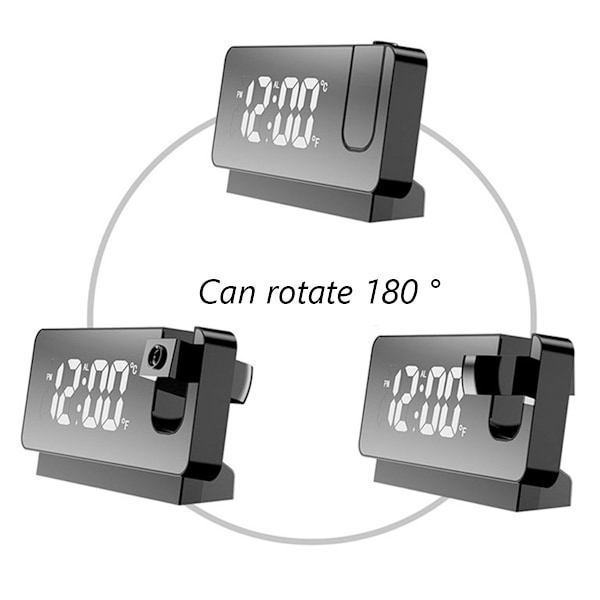 Projektionsväckarklocka för sovrum, digital väckarklocka, radiodimmer och USB-laddningsport, 180° roterande projektor, dubbel väckarklocka, snooze