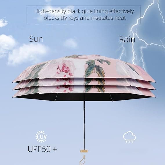 Mini folde paraply, regn- og solbeskyttelse dobbeltanvendelse, blomsterdesign, UPF50+ sort belægning til UV-beskyttelse, kvinders vindtætte lomme paraply.