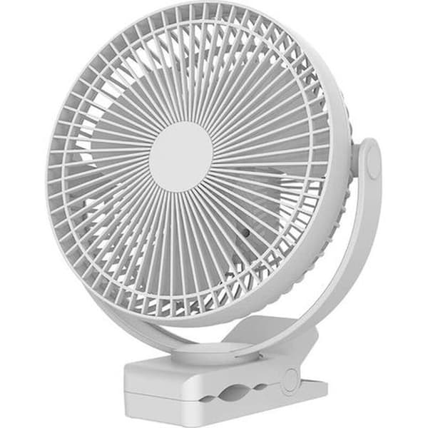 20 cm clip-on fan with 10,000 mAh battery. USB interface. 4 speeds. Powerful airflow. Secure clip (white).