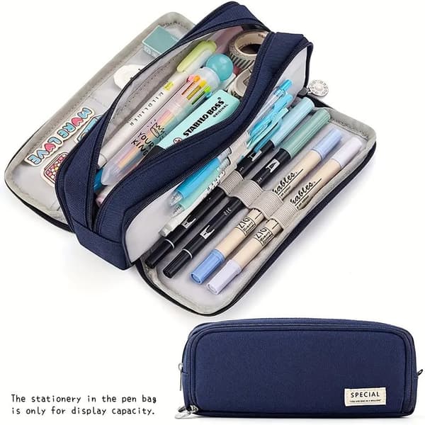 Double-Layer Double-Opening Pencil Case, Multifunctional Large Capacity Desktop Organizer - Navy Blue