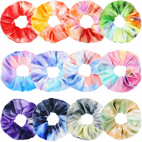 12 st Tie Dye Velvet Scrunchies för hår, mjuk regnbågshästsvanshållare, söta godisfärger Elastiska hårband för tonåringar och kvinnor