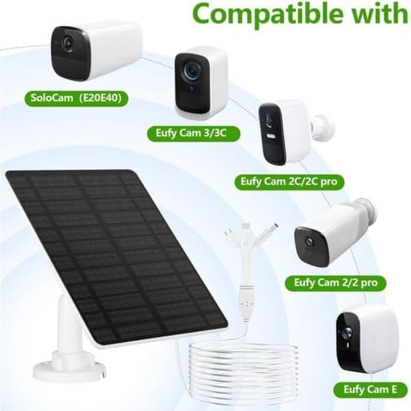 Eufy GuKKK 5W solcellepanel for kamera, 5V solcellepanel med USB-C-port, mikro-USB-adapter, IP65 vanntett