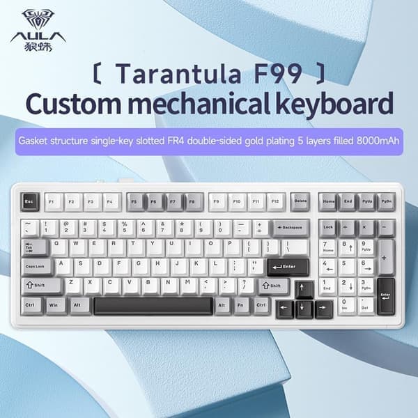 AULA F99 Wireless Mechanical Gaming Keyboard, Bluetooth/2.4 GHz/USB-C Tri-mode, Hot-Swap, RGB Backlight, PC/Tablet/PS/Xbox, Light Grey