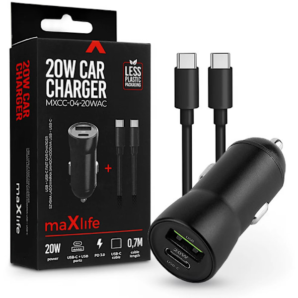 Snabb Billaddare med USB-C och USB-A portar, USB-C till USB-C kabel medföljer - svart - Maxlife 20W Car Charger svart