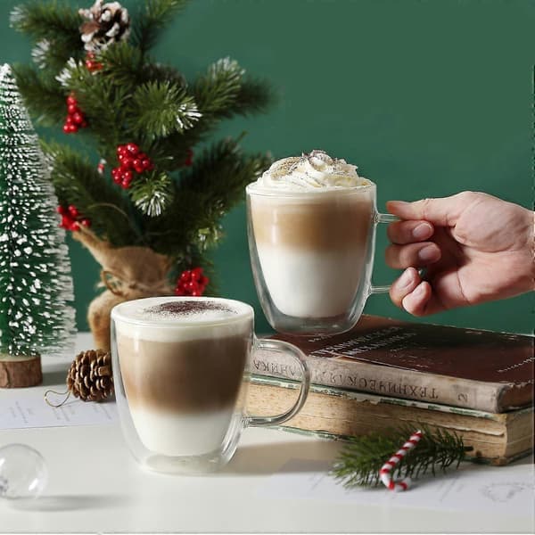 4 stora dubbelväggiga isolerade kaffemuggar 350 ml för cappuccino, varma drycker, diskmaskinssäker, hållbar design