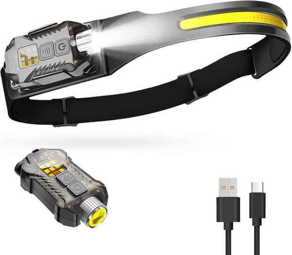 Rechargeable Headlamp with Detachable Flashlight, Motion Sensor, Waterproof Magnetic Lamp for Hiking, Running, Black