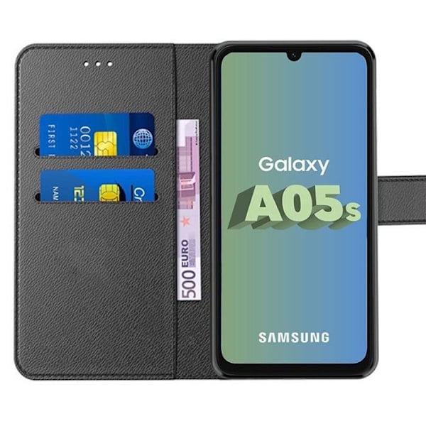 Fodral + 2 härdade glasögon för Samsung Galaxy A05s - Stötsäker i svart PU-läder (ej för A05) Svart