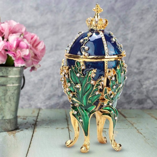 Emalj ägg smycken prydnadsföremål med gångjärn klassiska handmålade emaljprydnader Vintage hantverkspresent för heminredning (blå)