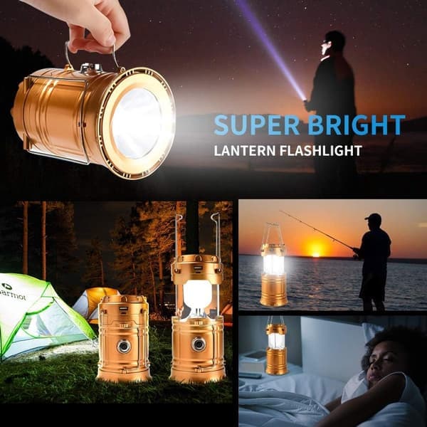 Solar Powered Camping Lantern - Rechargeable LED Lamp and Flashlight - 300LM - Outdoor/Emergency - Foldable